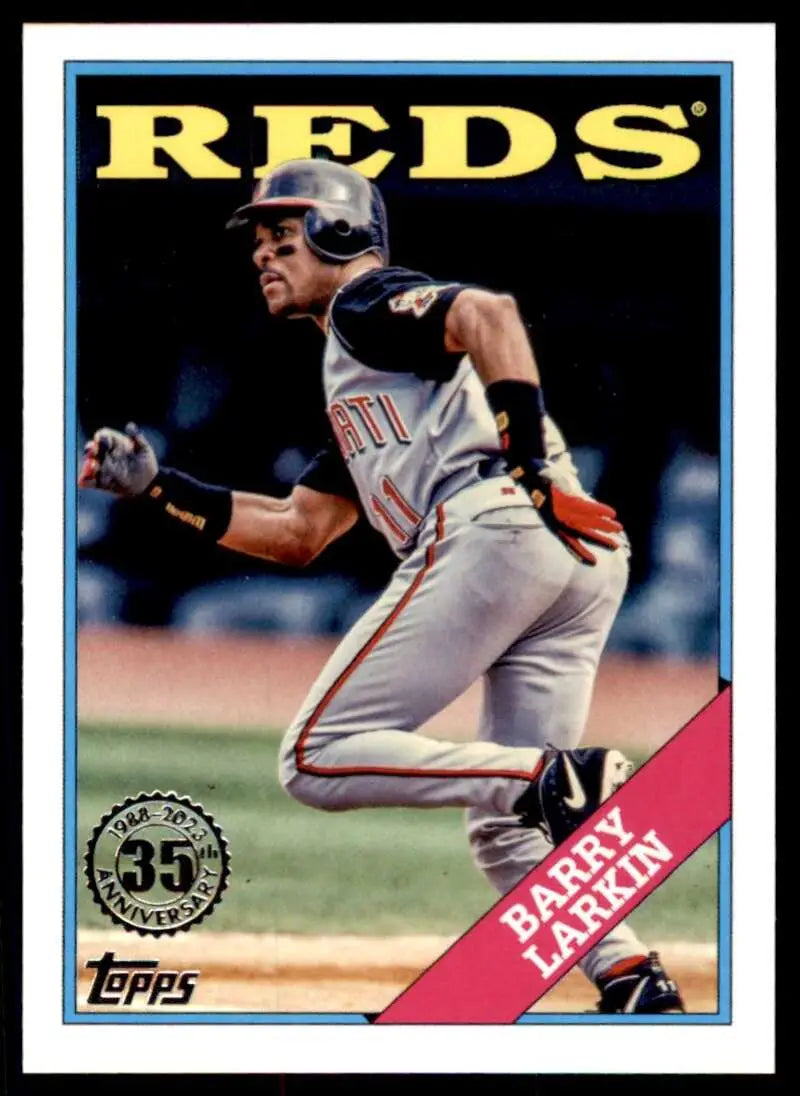 Barry Larkin mid-swing in a 2023 Topps Cincinnati Reds baseball card