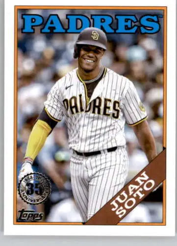 Baseball card of Juan Soto in Padres pinstriped uniform with original gloss finish