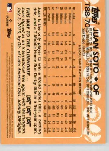 Baseball card featuring Juan Soto statistics in original gloss orange design