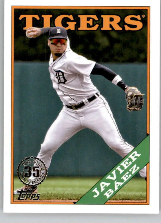 Javier Baez delivering pitch in white home uniform on Detroit Tigers baseball card