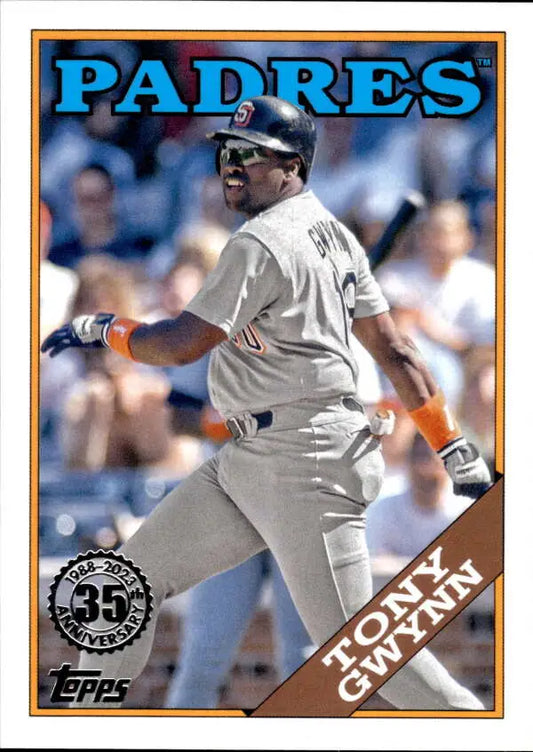 Tony Gwynn in white uniform at bat on 2023 Topps San Diego Padres baseball card