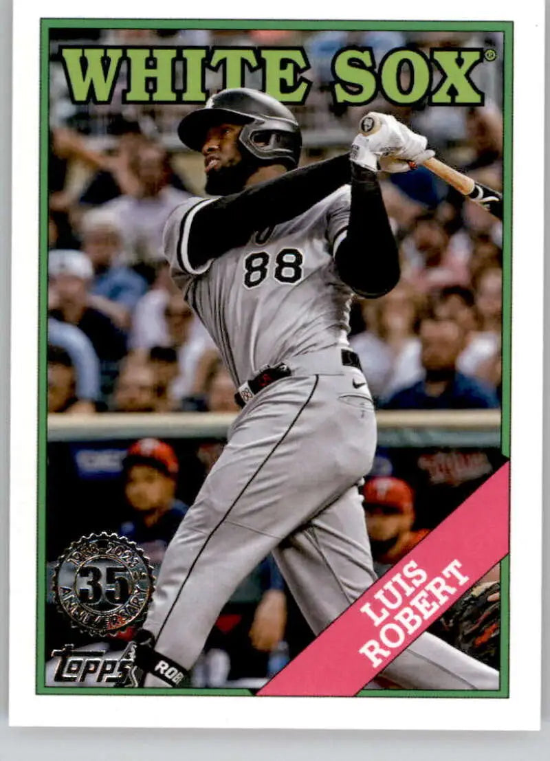 Baseball card of Luis Robert mid-swing, showcasing the Chicago White Sox number 98