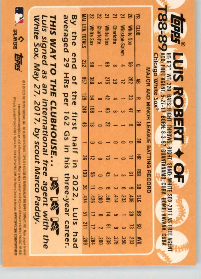 Chicago White Sox Luis Robert trading card featuring player stats in orange and black