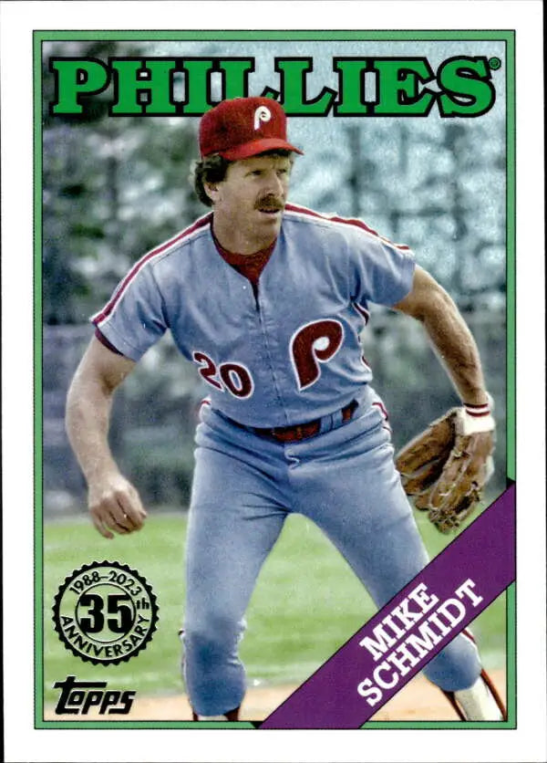 Vintage 1985 Topps Philadelphia Phillies Baseball Card featuring Mike Schmidt in gray uniform