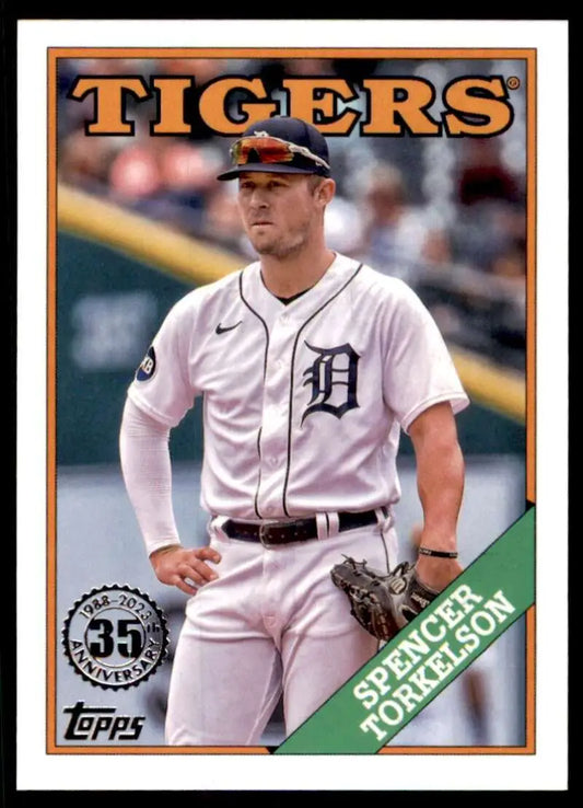 Baseball card of Spencer Torkelson in a white home uniform for Detroit Tigers