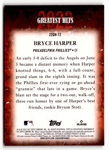 Bryce Harper grand slam moment featured on 2023 Topps Greatest Hits Baseball Card