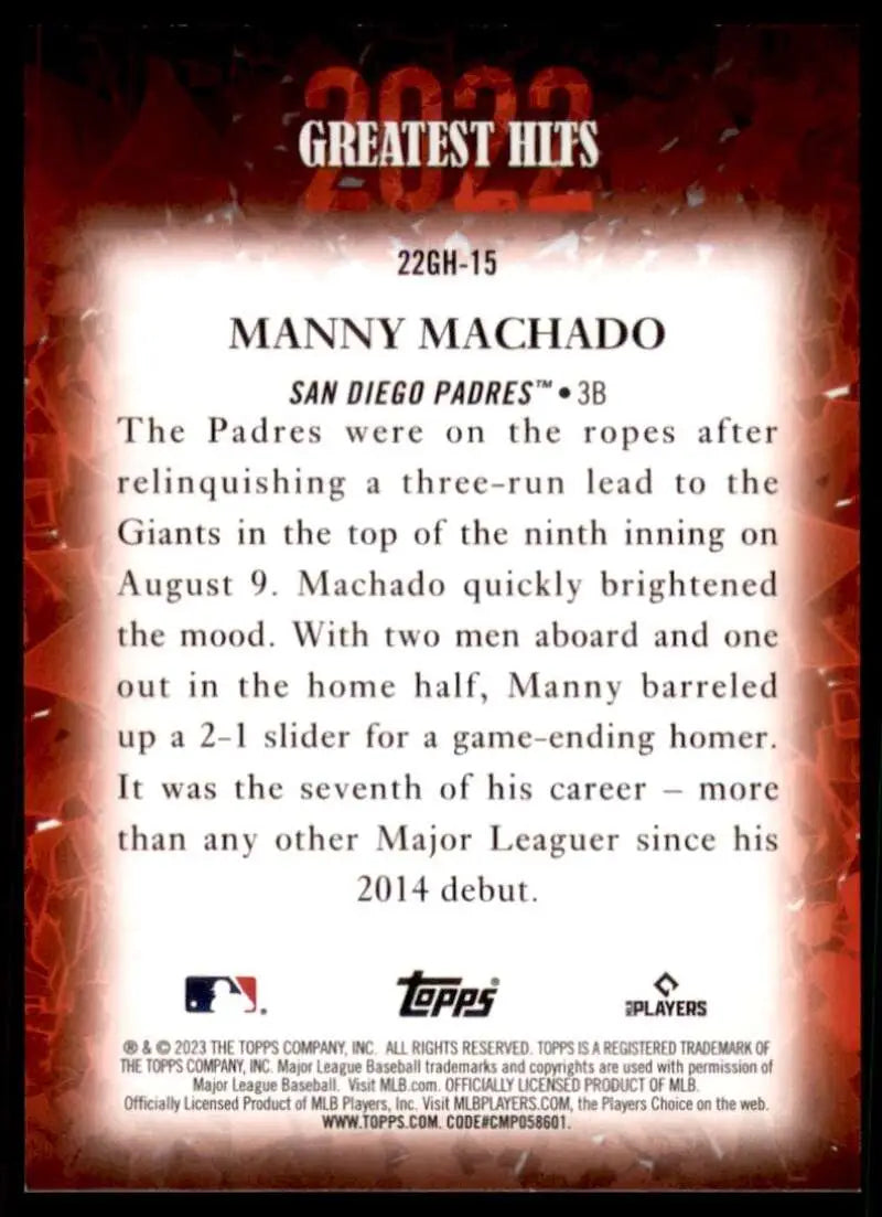 Manny Machado career highlight baseball card for San Diego Padres 2022 season