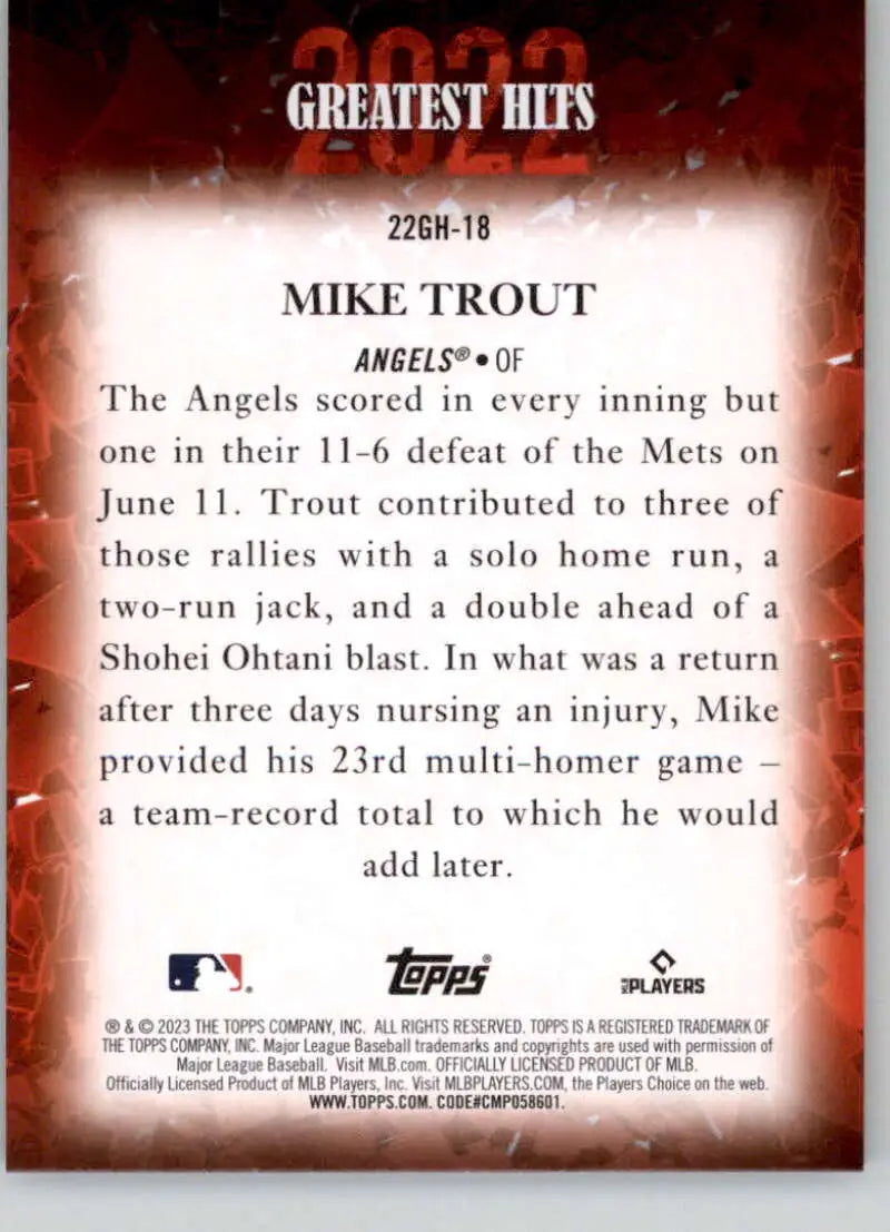 Baseball card of Mike Trout celebrating 2020 Greatest Hits with the Angels, 22GH-18 Mike Trout