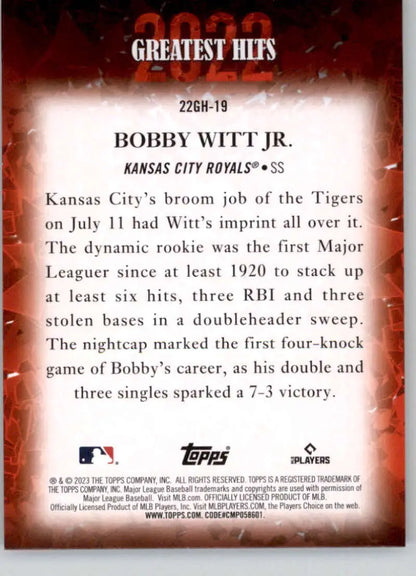 Baseball card of Bobby Witt Jr. from the Kansas City Royals 2022 Greatest Hits set