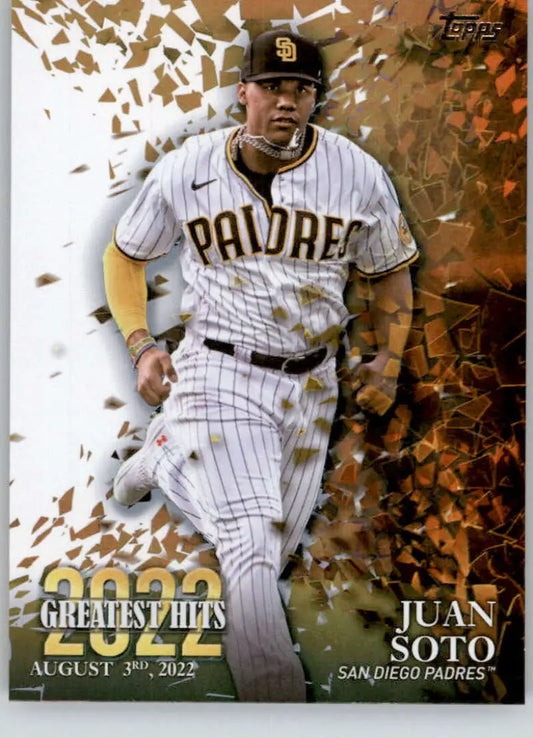 Juan Soto San Diego Padres baseball card in home pinstripe uniform from 2023 Topps