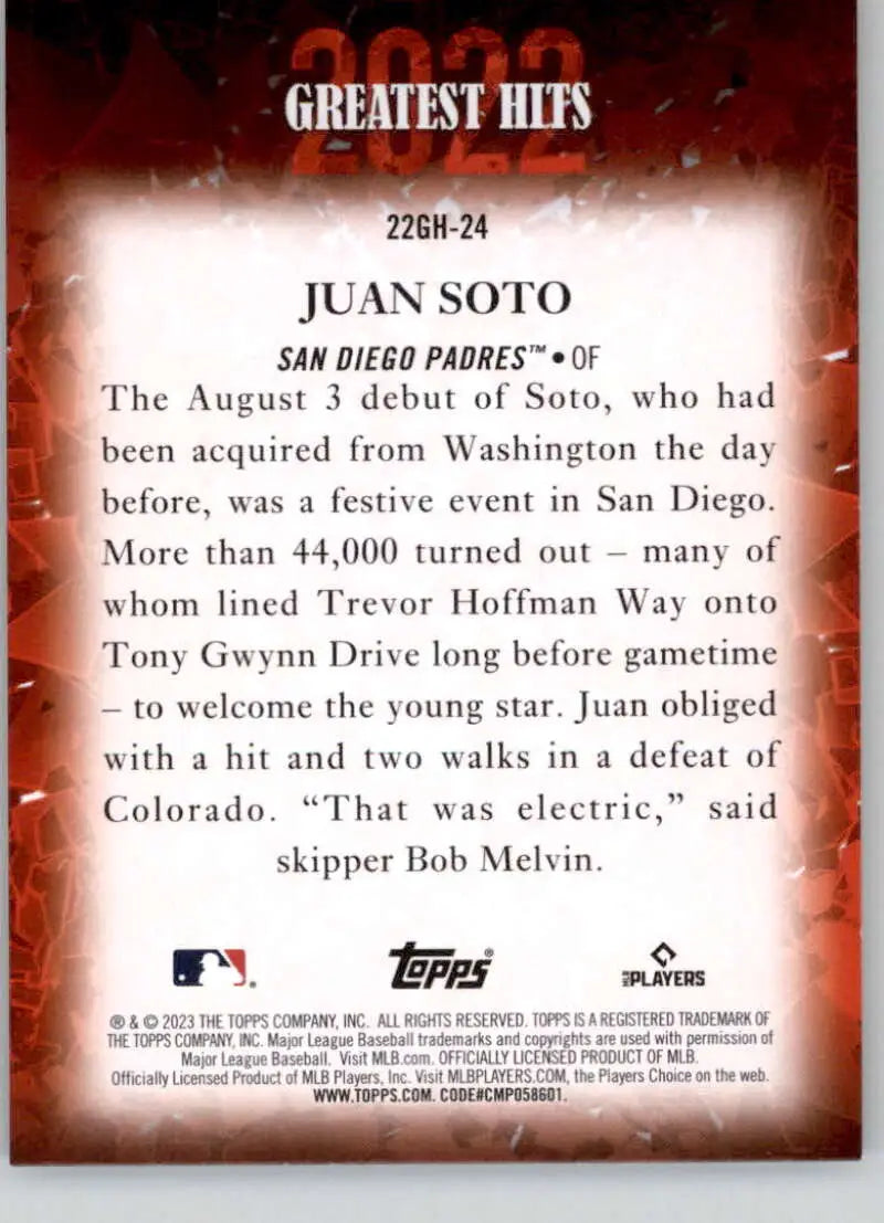 Juan Soto baseball card showcasing his debut with San Diego Padres in 2022