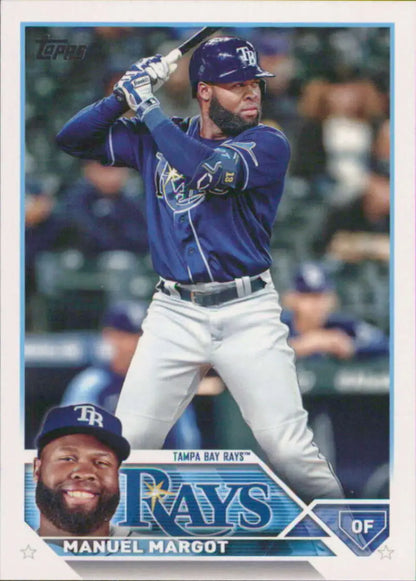 Manuel Margot in blue jersey at bat on 2023 Topps #204 Tampa Bay Rays baseball card