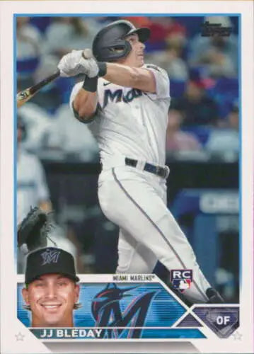 Baseball card of JJ Bleday in white uniform, NM-MT RC Rookie for Miami Marlins