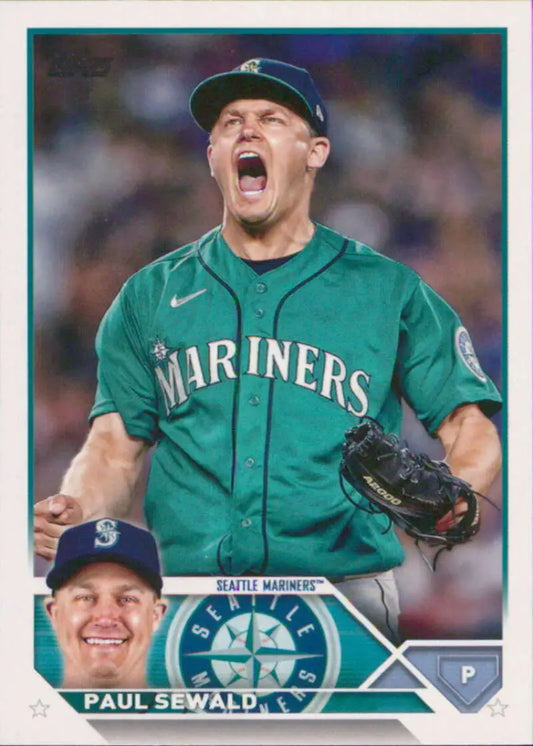 Seattle Mariners player Paul Sewald in teal jersey celebrating during a game