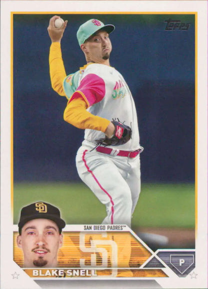 Baseball trading card of Blake Snell in colorful uniform for San Diego Padres