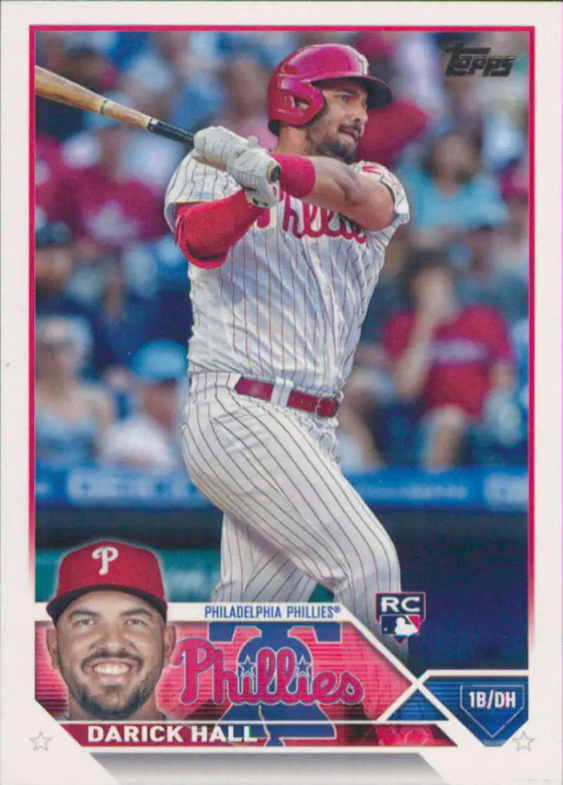 Darick Hall at bat in pinstripe uniform on Philadelphia Phillies baseball card