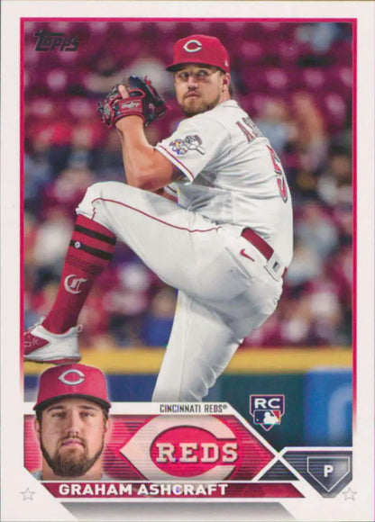 Baseball card of Graham Ashcraft in windup for Rookie Cincinnati Reds collection