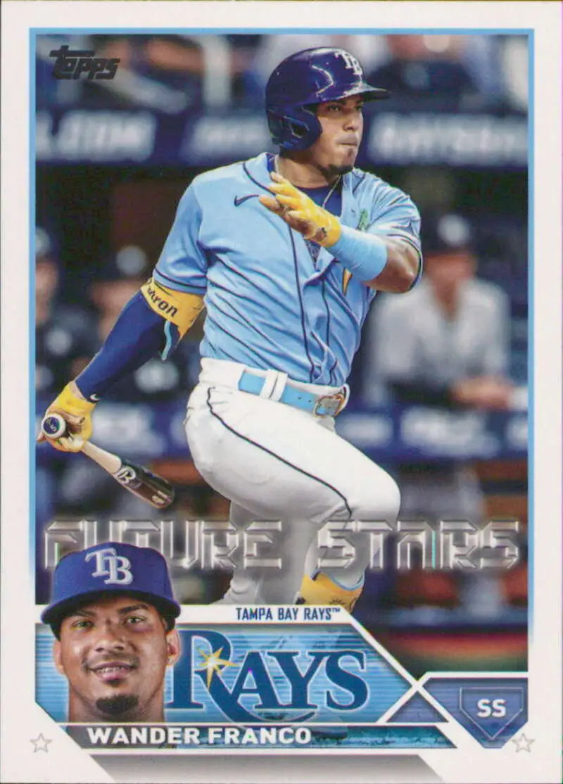 Wander Franco batting in light blue uniform on 2023 Topps Tampa Bay Rays baseball card