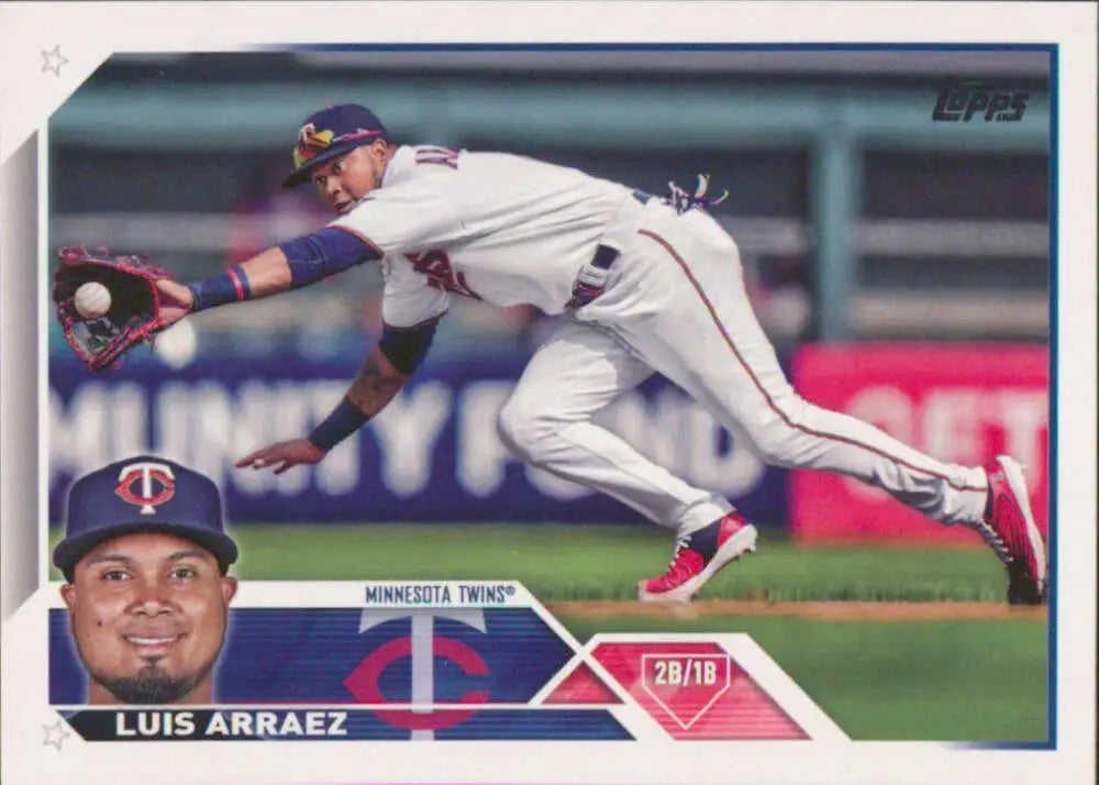 Luis Arraez making a diving catch on a Minnesota Twins baseball card 2023 Topps #217