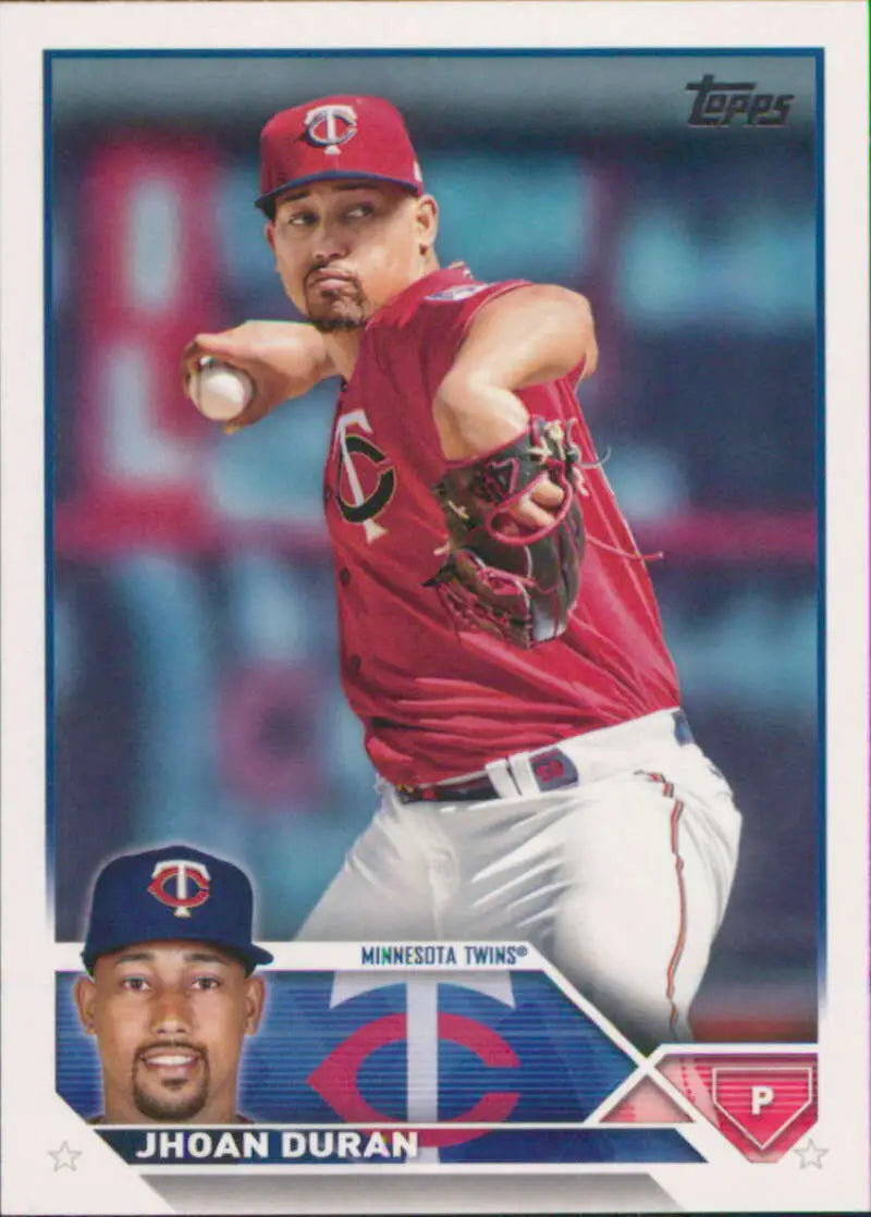 Minnesota Twins Baseball Card of Jhoan Duran in a red uniform during a pitch