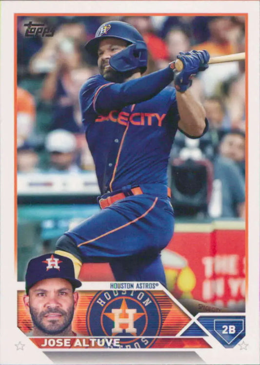 Jose Altuve NM-MT card featuring Houston Astros player in blue alternate uniform at bat