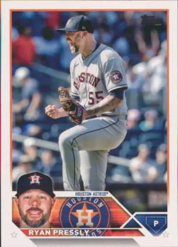 Original gloss 2023 Topps #228 Ryan Pressly baseball card featuring Astros player