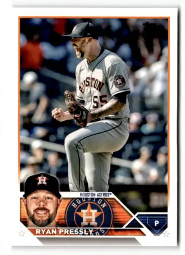 Baseball card of Ryan Pressly in gray Astros uniform with original gloss finish