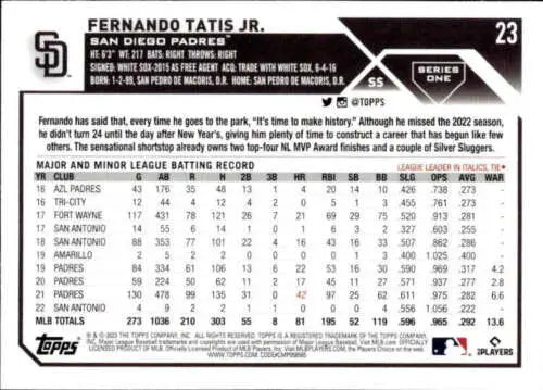 2023 Topps #23 Fernando Tatis Jr. NM-MT original gloss baseball card for Padres fans