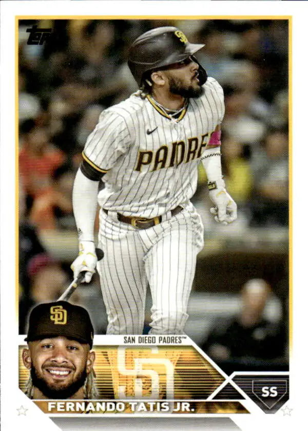 Baseball card of Fernando Tatis Jr. in pinstripe uniform for San Diego Padres