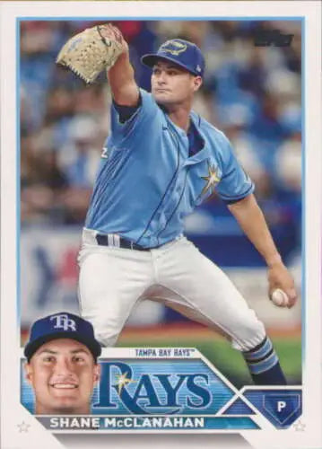 Baseball card of Shane McClanahan in light blue jersey showcasing original gloss