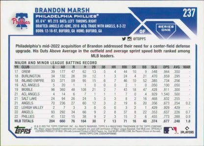 Brandon Marsh baseball card showcasing career stats for Philadelphia Phillies player