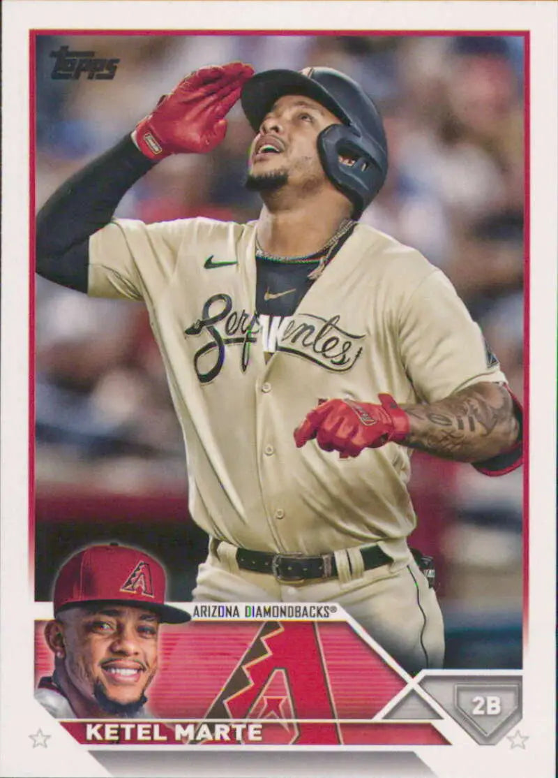 Baseball card of Ketel Marte in cream jersey for Arizona Diamondbacks with red gloves