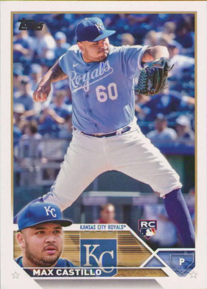 Max Castillo NM-MT Rookie Card of Kansas City Royals pitcher in mid-throwing motion