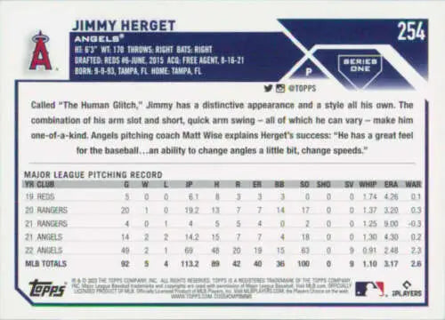 Back of 2023 Topps #254 Jimmy Herget baseball card showing original gloss features