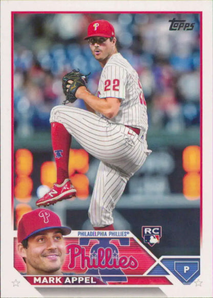 Mark Appel Rookie Card showcasing Phillies pitcher in throwing motion on Topps baseball card