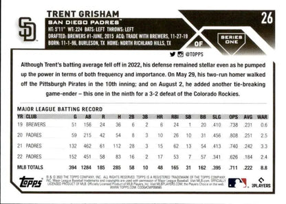 Baseball card displaying Trent Grisham stats for San Diego Padres 2023 Topps #26