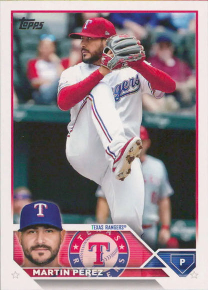 Baseball card of Martin Perez, Texas Rangers pitcher in delivery motion