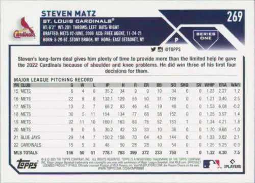 2023 Topps #269 Steven Matz baseball card with original gloss in NM-MT condition