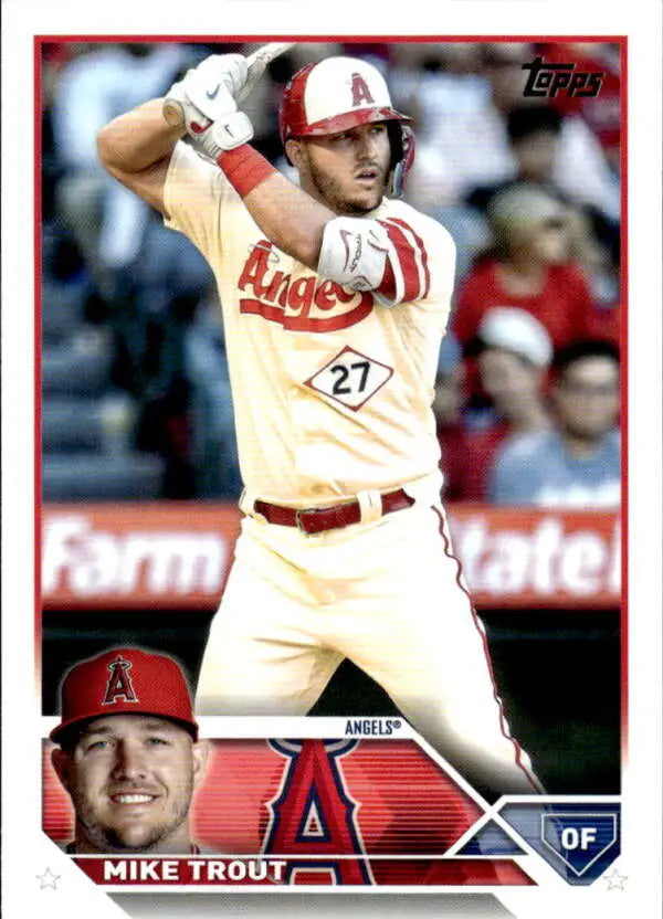 Baseball card of Mike Trout in Los Angeles Angels uniform at bat