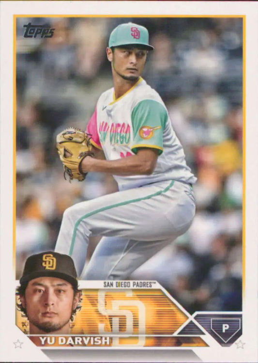 Baseball card of Yu Darvish in San Diego Padres white and teal uniform