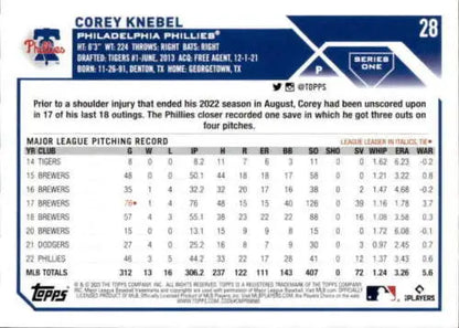 Corey Knebel baseball card 2023 Topps #28 NM-MT with original gloss, Phillies