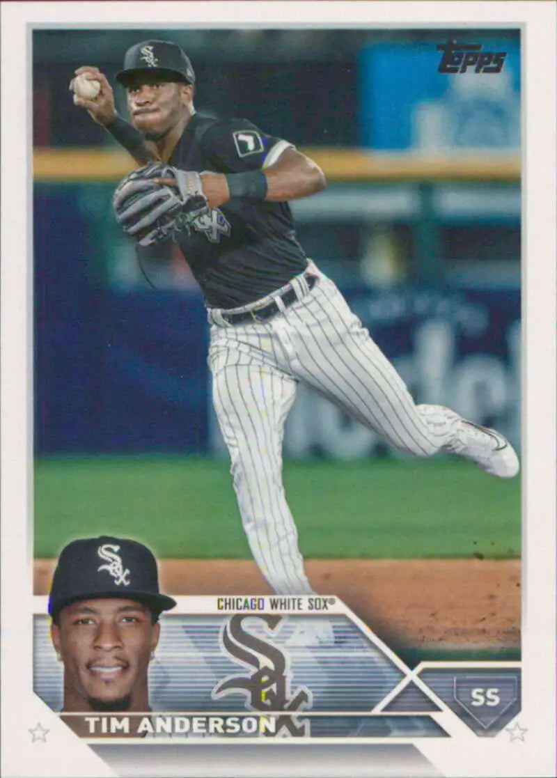 Tim Anderson throwing in pinstriped uniform on 2023 Topps #282 Chicago White Sox card