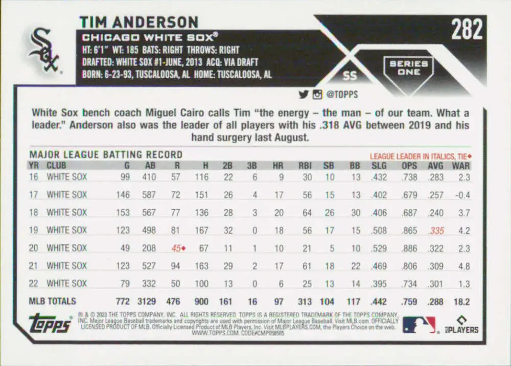 Tim Anderson Chicago White Sox baseball card featuring statistics and career details