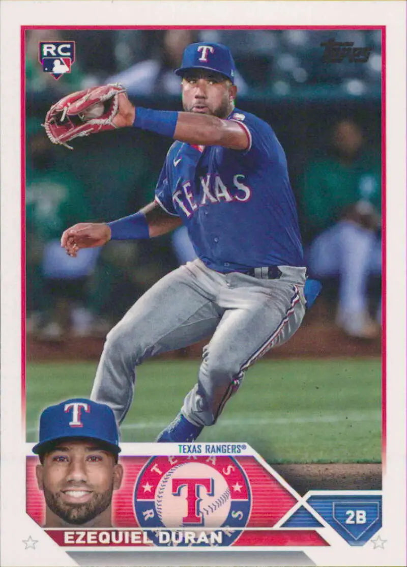 Baseball card of Ezequiel Duran pitching in blue uniform for Texas Rangers