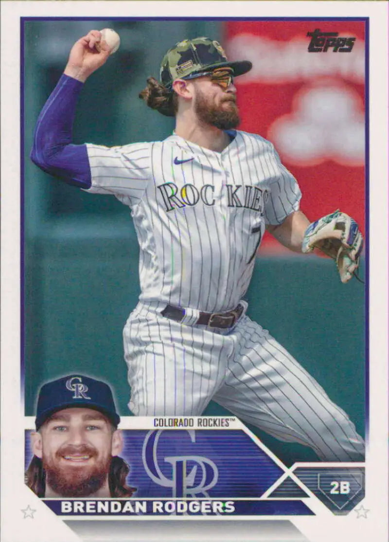 Brendan Rodgers Colorado Rockies baseball card in white pinstriped uniform throwing