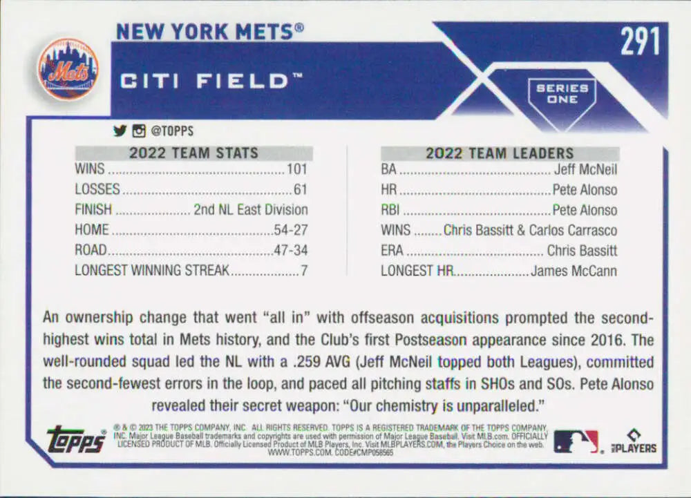 2023 Topps #291 New York Mets baseball card showcasing team statistics from Citi Field