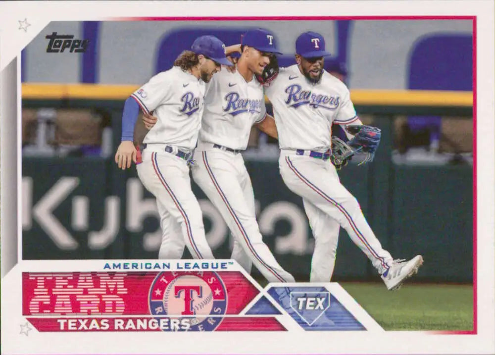 Three Texas Rangers outfielders celebrating victory for the team card baseball