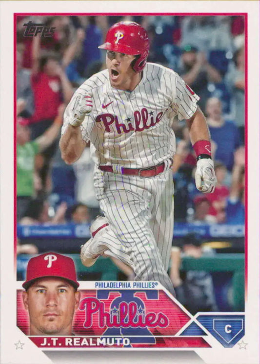 Baseball card of J.T. Realmuto in pinstripe uniform for Philadelphia Phillies