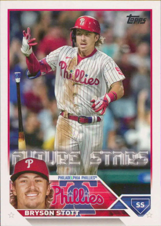 Baseball card of Bryson Stott in pinstriped uniform for Philadelphia Phillies Baseball