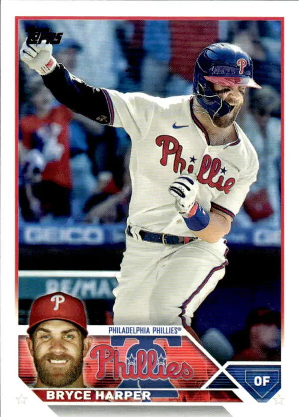 Bryce Harper celebrating in a white uniform on 2023 Topps Philadelphia Phillies baseball card